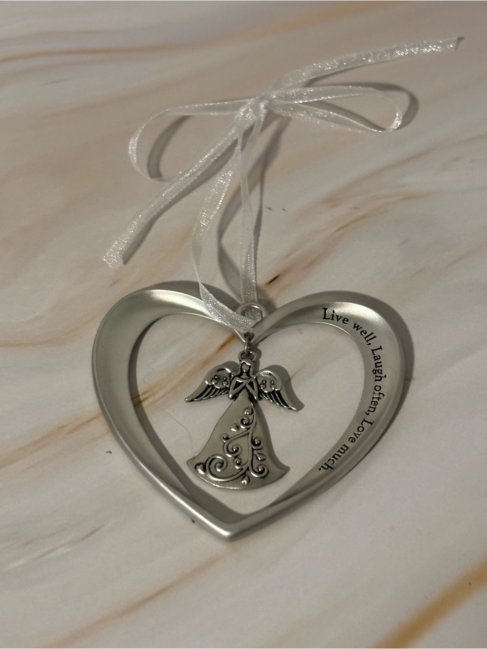 Silver Heart Angel Ornament - Inspirational Home Holiday Decor 2-5/8”